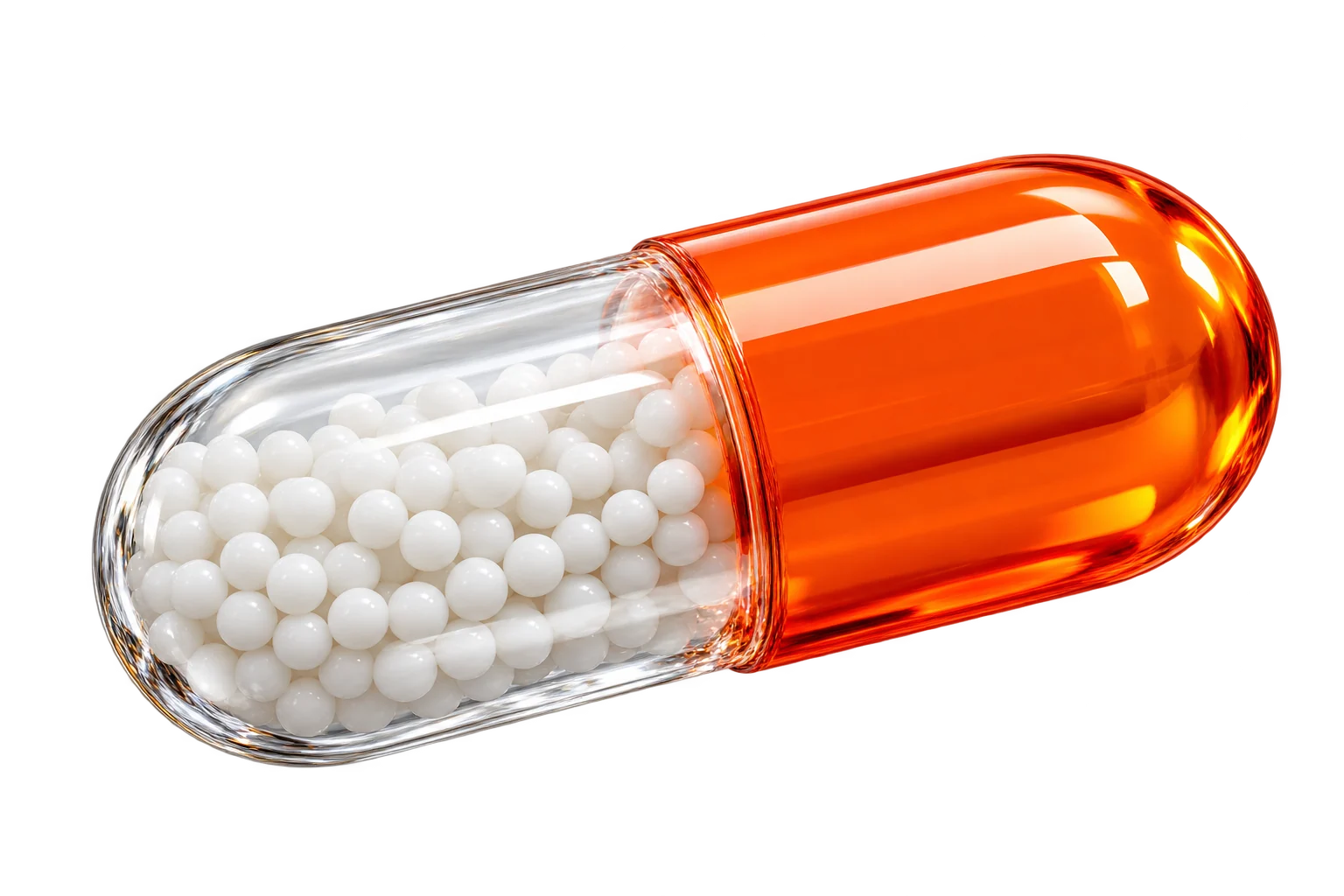 Focus: a glossy orange and transparent capsule.